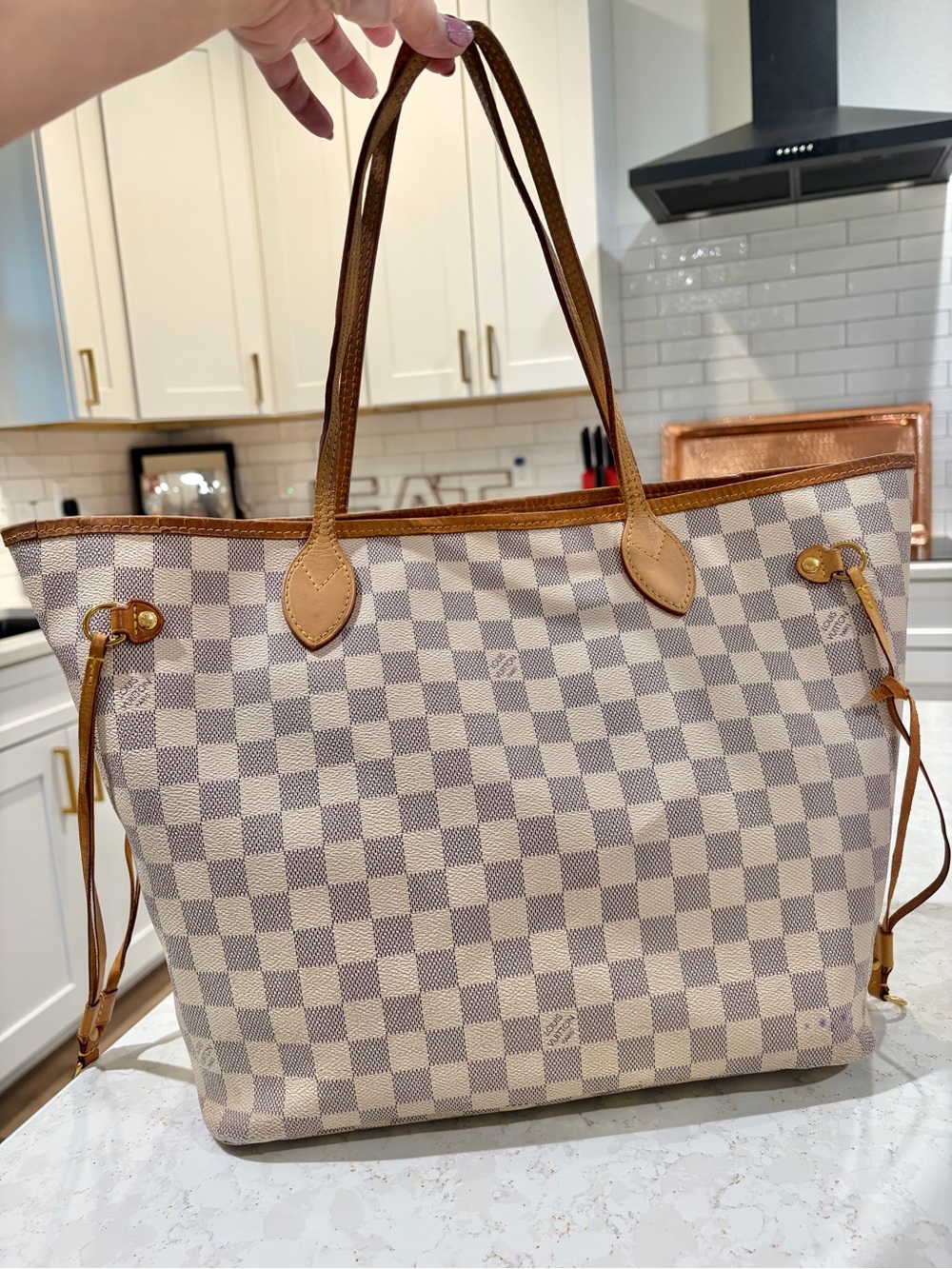 LV Canvas tote bag Checkered Damier Azur 'Neverfull MM' Authentic COA